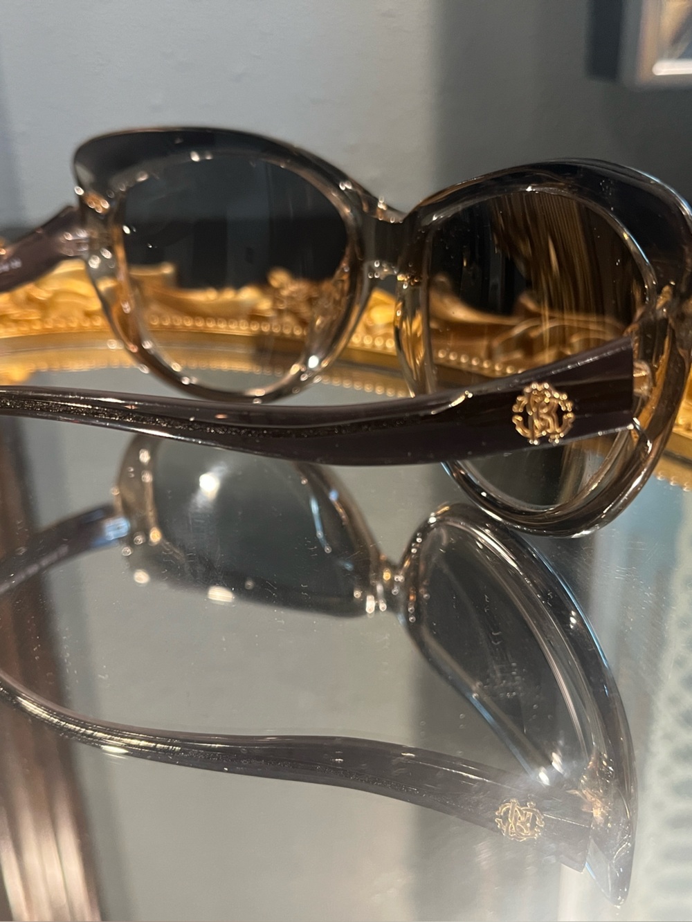 Authentic Roberto Cavalli Sunglasses Gray Cat-Eye with Gold Logo and crystals